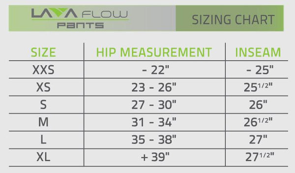 LAVA FLOW SUP Pants size charts